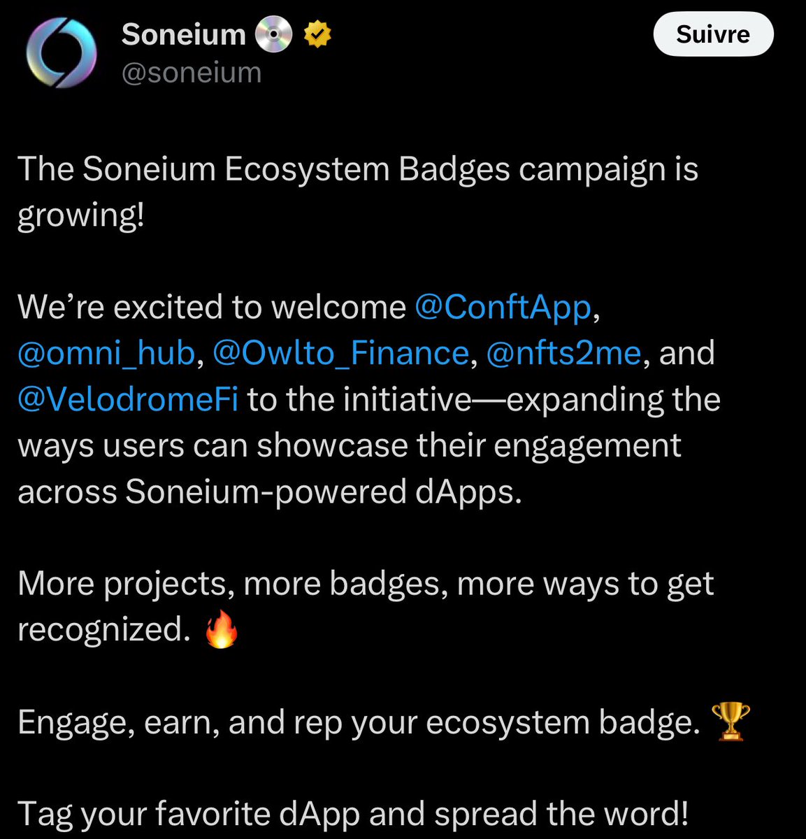 4 new Soneium Badges 

Guide 👇🧵

1. <a href="/Owlto_Finance/">Owlto Finance(🦉💛🦉)</a> 

- Visit: owlto.finance/soneium-badge
- Bridge 5 times to Soneium from any chain
- Swap 3 times on Owlto swap 
- Create at least 0.005 ETH volume 

2. @omni_hub 

- Visit: omnihub.xyz/soneium-guild
- Cast 10 votes for your favorite