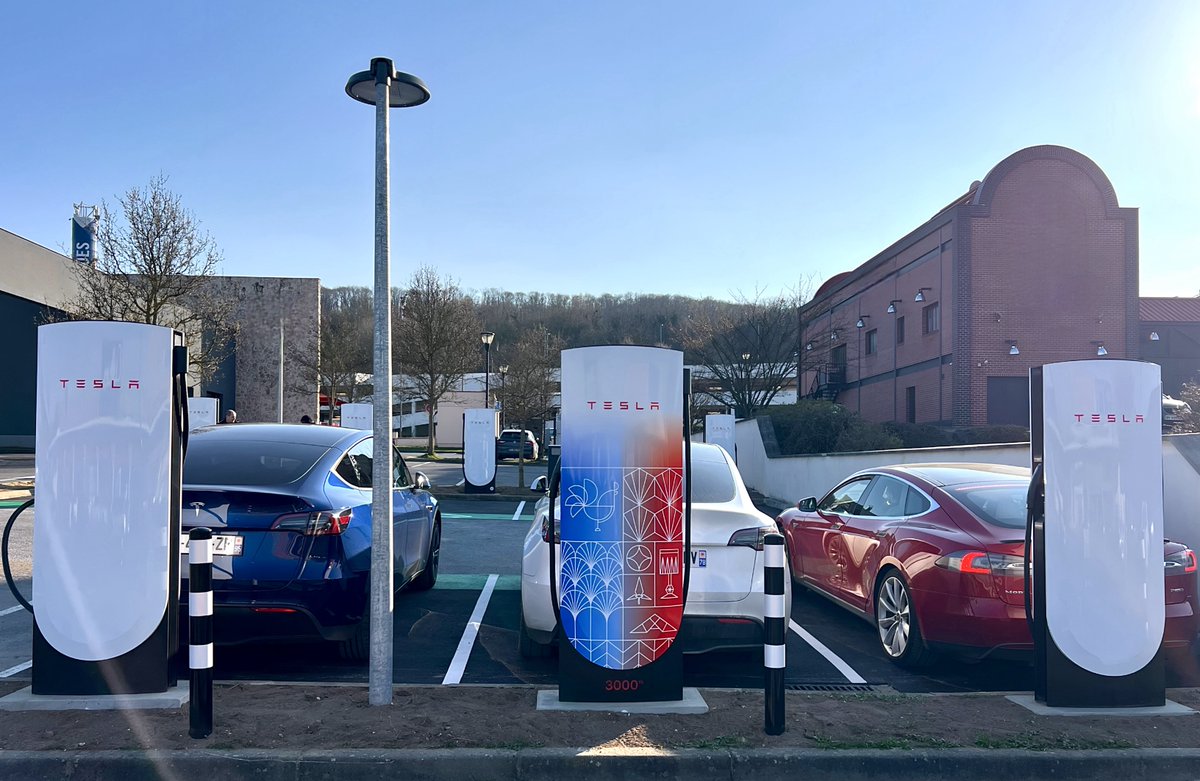 teslaeurope's tweet photo. Franconville – France’s 3000th Supercharger stall – is now open 🇫🇷

0 to 1500 Superchargers = 7 years
1500 to 3000 Superchargers = 3 years

More to come! @TeslaCharging https://t.co/IR1JTzPRQv
