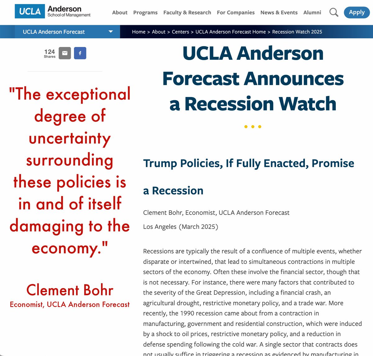 For over 50 years, the <a href="/uclaanderson/">UCLA Anderson School of Management</a> has been predicting the economy. 
• Spring 2025 consumer spending has slowed.
• Considerable risk of unemployment from government offices. Are we on #recession watch?