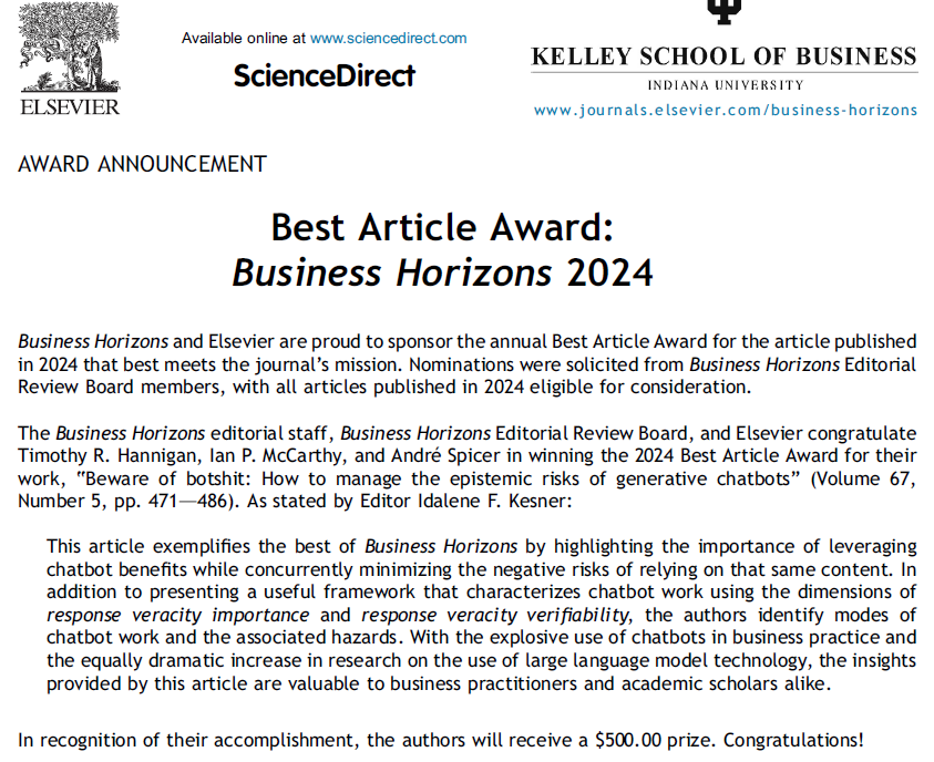 Toffeemen68's tweet photo. Best Article Award: Business Horizons 2024, with Tim Hannigan and Andre Spicer

Here is the research article: https://t.co/UJIooot1I2

And here is an open-access pre-print version of the paper: https://t.co/jkLhrqDHTT

#botshit https://t.co/EjcjTxrh8e