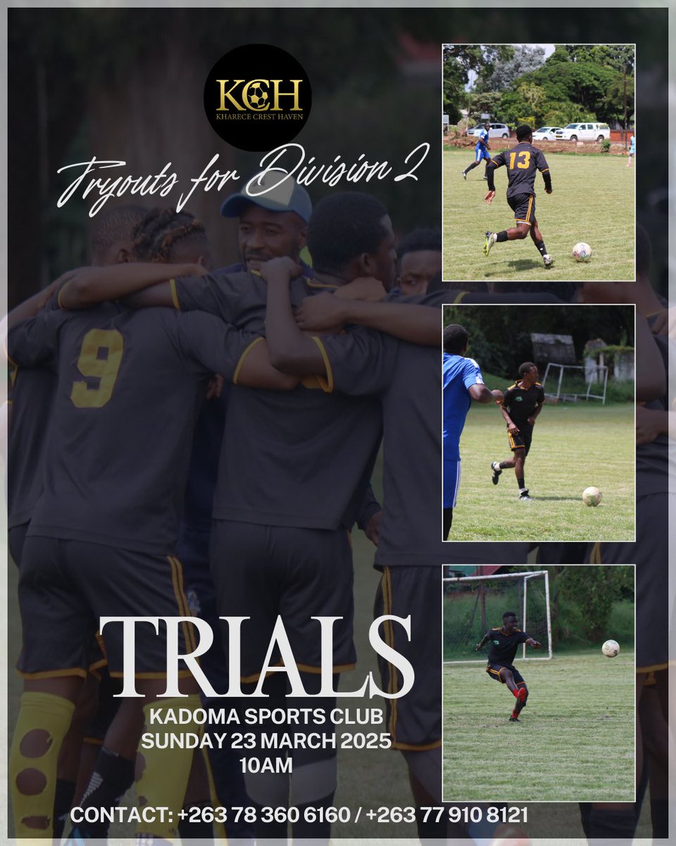 If in and around the Kadoma area and are looking to join and play division football, contact any of the numbers below or send a DM to book yourself a spot!

Trials Sunday at Kadoma Spots Club at 10am!

#KCH
#Togetherwemove