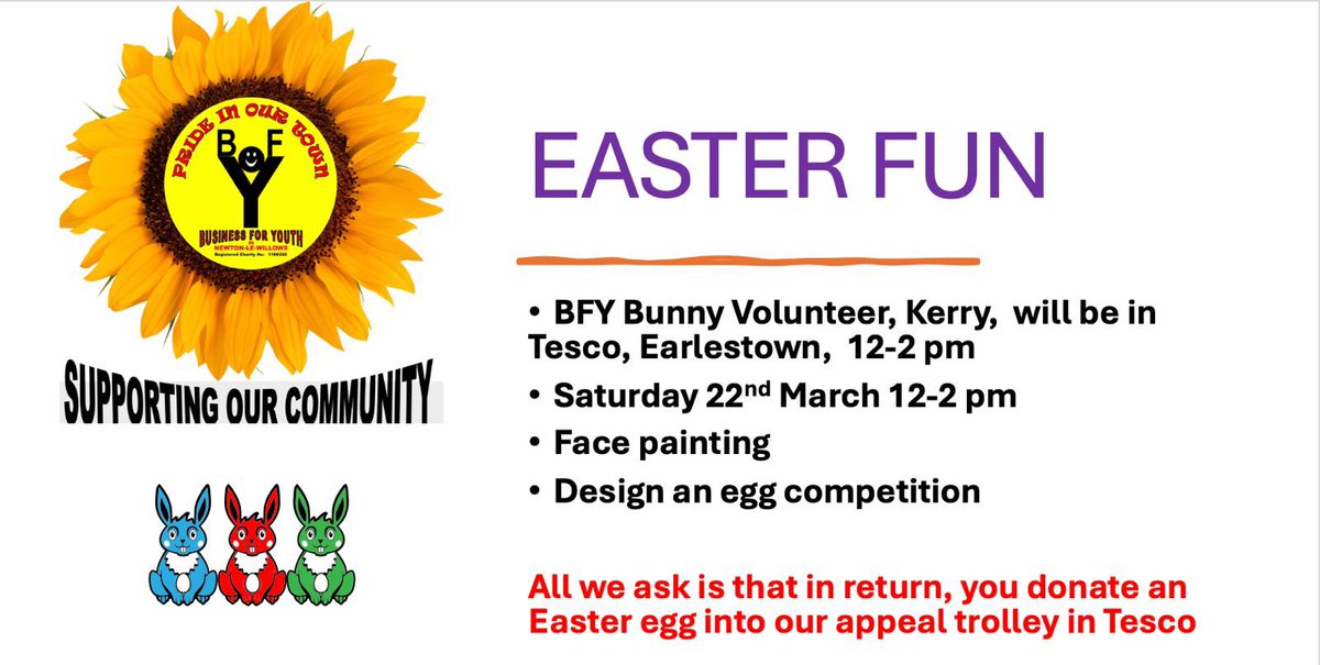 The final few days of our Easter egg appeal.   Thank you to all that have donated so far🌻🙏

Thank you to <a href="/nlwrotaryclub/">NLW Rotary Club</a>  who kindly donated £250 yesterday🙏🌻

We also have some Easter Fun at <a href="/Tesco/">Tesco</a> Earlestown this week🌻