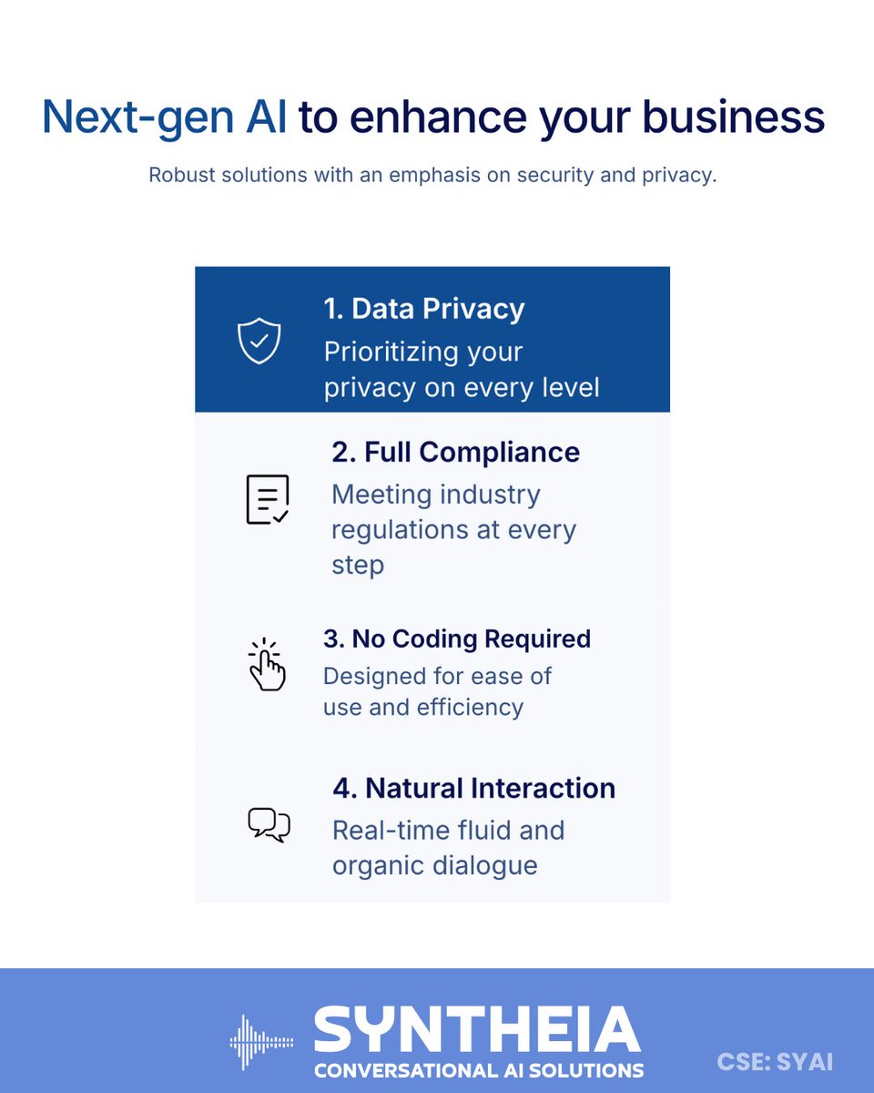SyntheiaAi's tweet photo. Your security is our priority. 🌐 No stored data, full encryption, and total compliance—AI that respects your privacy! Learn more about our privacy practices on Syntheia's website: https://t.co/vpMai6YL8X
#privacy #datasecurity #SYAI #datadsecurity #security #dataprivacy https://t.co/IgwBGNBwo2