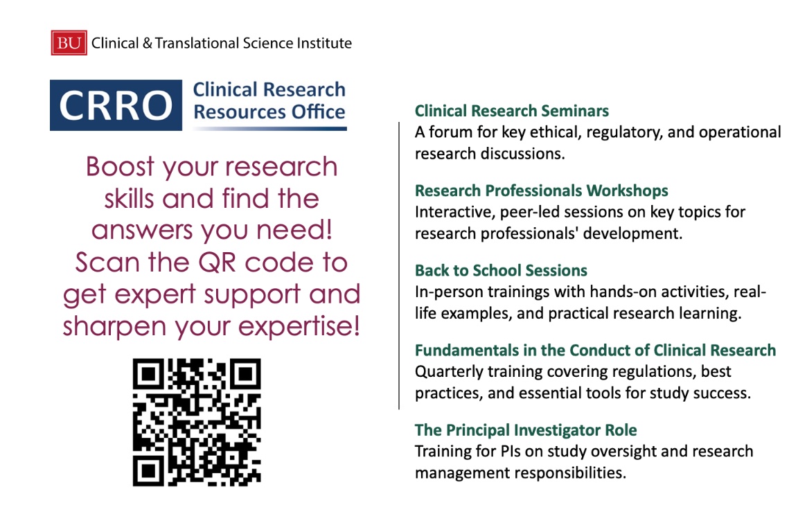 #Symposium_Ad| Boost your #research skills with CRRO! From ethics &amp; regulatory training to PI workshops &amp; clinical research fundamentals, the Clinical Research Resources Office provides expert support at every step.
Scan the QR code  #ClinicalResearch <a href="/BU_CTSI/">BU Clinical and Translational Science Institute</a>  #ResearchTraining
