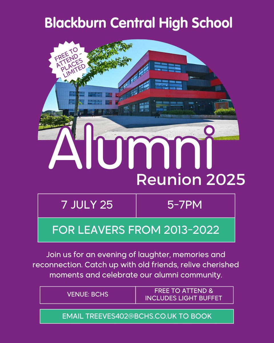 Blackburn Central High School (@bchs_uk) on Twitter photo We are holding an alumni reunion on 7 July 2025. Former students, join us for an evening of laughter, memories & reconnection. Open to all BCHS school leavers from 2013-2022, the event is free to attend but places are limited so please email treeves402@bchs.co.uk to book. We are holding an alumni reunion on 7 July 2025. Former students, join us for an evening of laughter, memories & reconnection. Open to all BCHS school leavers from 2013-2022, the event is free to attend but places are limited so please email treeves402@bchs.co.uk to book.
