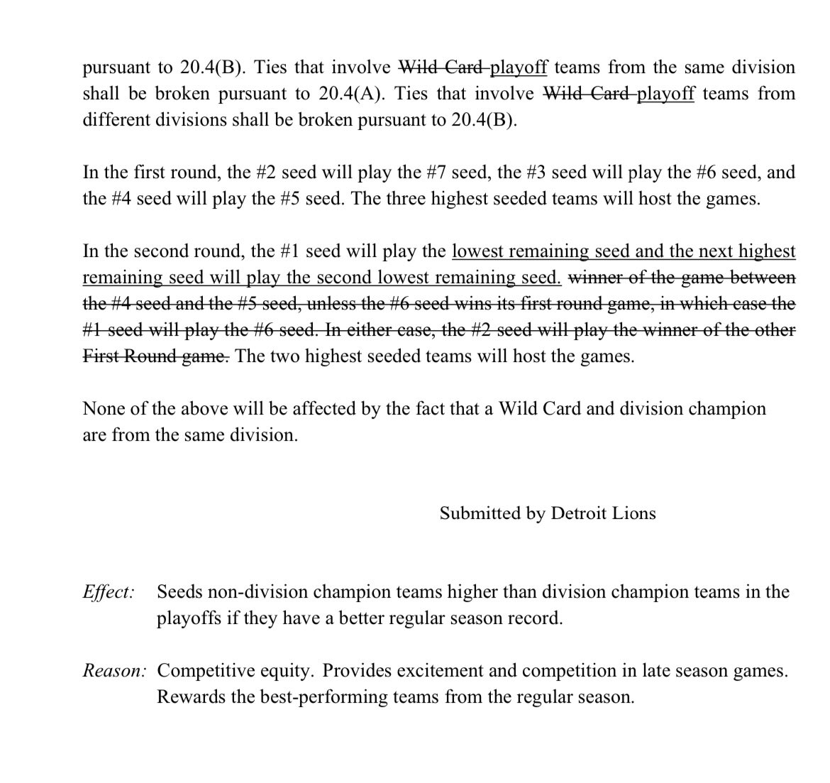 TomPelissero's tweet image. This is interesting: The #Lions proposed a bylaw change that would allow wild card teams to be seeded higher than division winners based on record.

This would’ve been helpful to the rival #Vikings last year, and could be a factor in future years in competitive divisions….