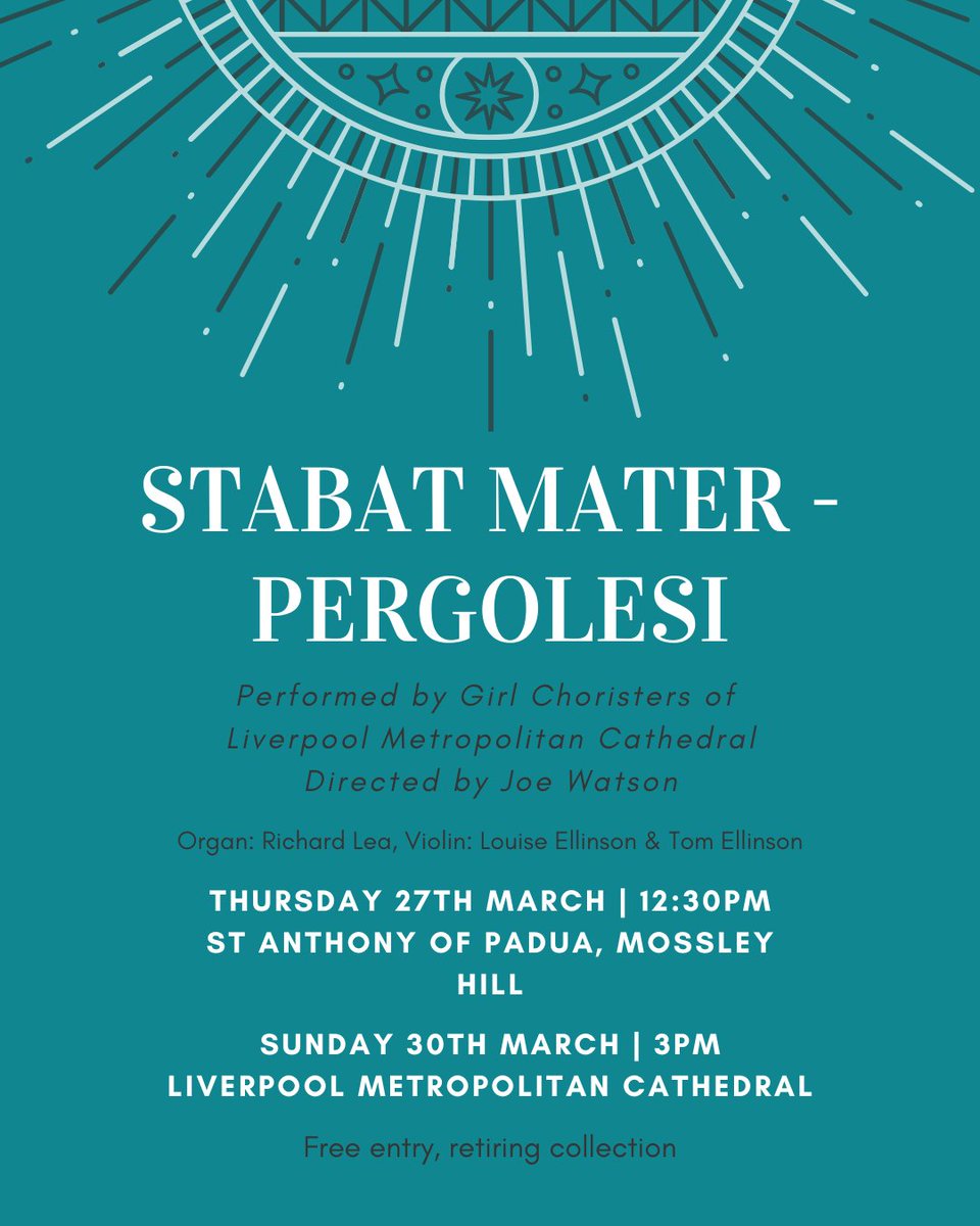 A moving performance of Stabat Mater by the Girl Choristers of Liverpool Metropolitan Cathedral.

📅 Thursday 27th March – 12:30pm
📍 St Anthony of Padua, Mossley Hill

📅 Sunday 30th March – 3pm
📍 Liverpool Metropolitan Cathedral

🎟 Free entry – Retiring collection