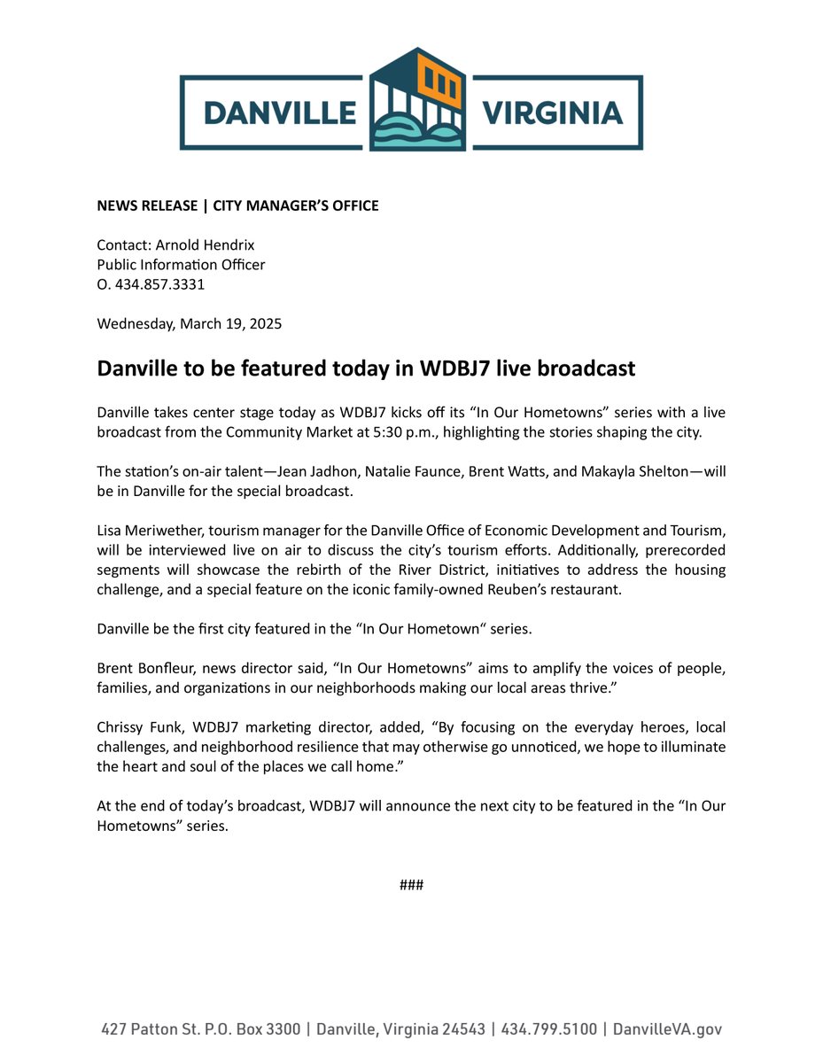 Exciting news! Danville will be in the spotlight today as the first city featured in WDBJ7’s brand-new “In Our Hometowns” series! Tune in today at 5:30 p.m. for a LIVE broadcast from the Community Market, showcasing stories shaping our city. Don’t miss it!