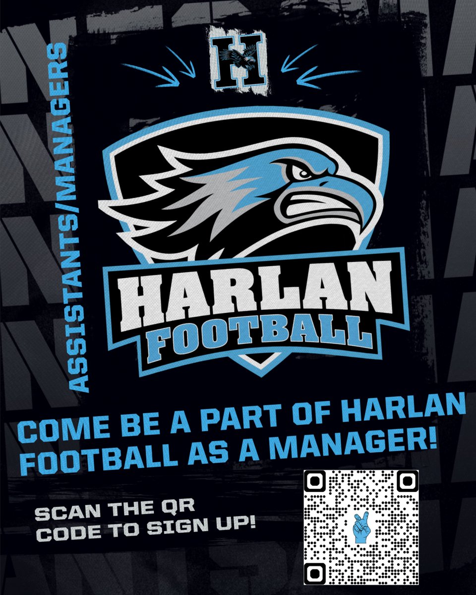 Interested in becoming a Harlan Football Student Assistant/Manager? Scan the QR code or visit the link in our bio to sign up! This is for current Harlan students. If you will be attending Harlan next year as a Freshman, you can still sign up and start in the fall.