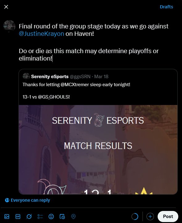 Final round of the group stage complete! 

13-10 vs DragonHart (<a href="/JustineKrayon/">grizZ</a> &amp; co.)

We're #2 of the group and secured playoffs!

(<a href="/MCXtremer/">MCXtremer</a> forgot to post the previous post...)