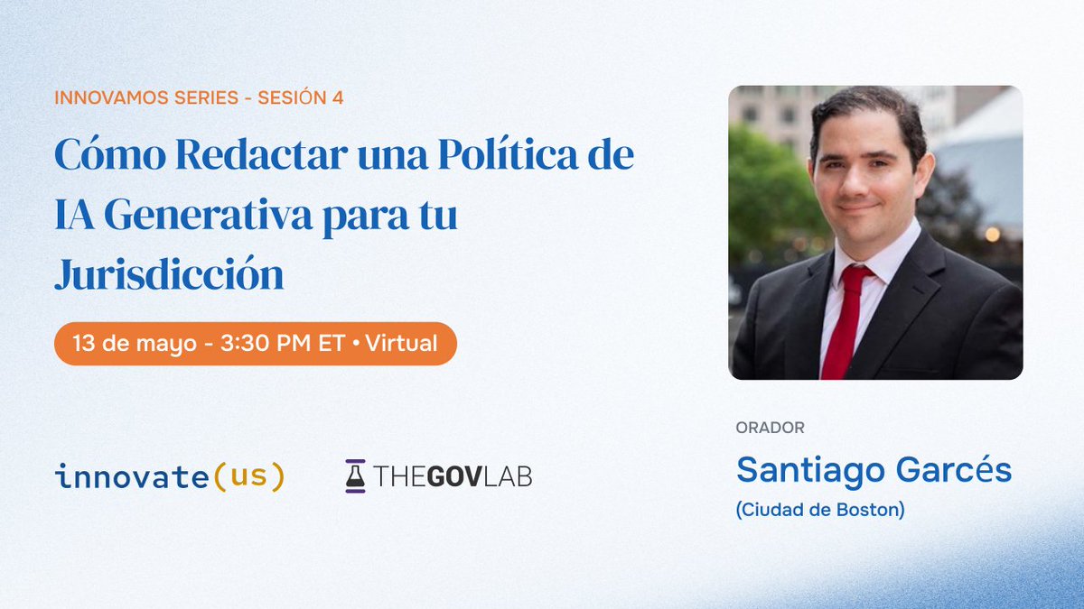 The Burnes Center For Social Change (@burnescenter) on Twitter photo 🔵¡Lanzamos #Innovamos!🔵 Únete el 26/3 al taller “Del Big Data a la IA” con Santiago Garces, CIO de <a href="/CityOfBoston/">City of Boston</a>. 🚀 Una serie gratuita de InnovateUS y <a href="/TheGovLab/">The GovLab</a> para el sector público, en castellano
📍Regístrate aquí: innovate-us.org/del-big-data-a… 🔵¡Lanzamos #Innovamos!🔵 Únete el 26/3 al taller “Del Big Data a la IA” con Santiago Garces, CIO de <a href="/CityOfBoston/">City of Boston</a>. 🚀 Una serie gratuita de InnovateUS y <a href="/TheGovLab/">The GovLab</a> para el sector público, en castellano
📍Regístrate aquí: innovate-us.org/del-big-data-a…