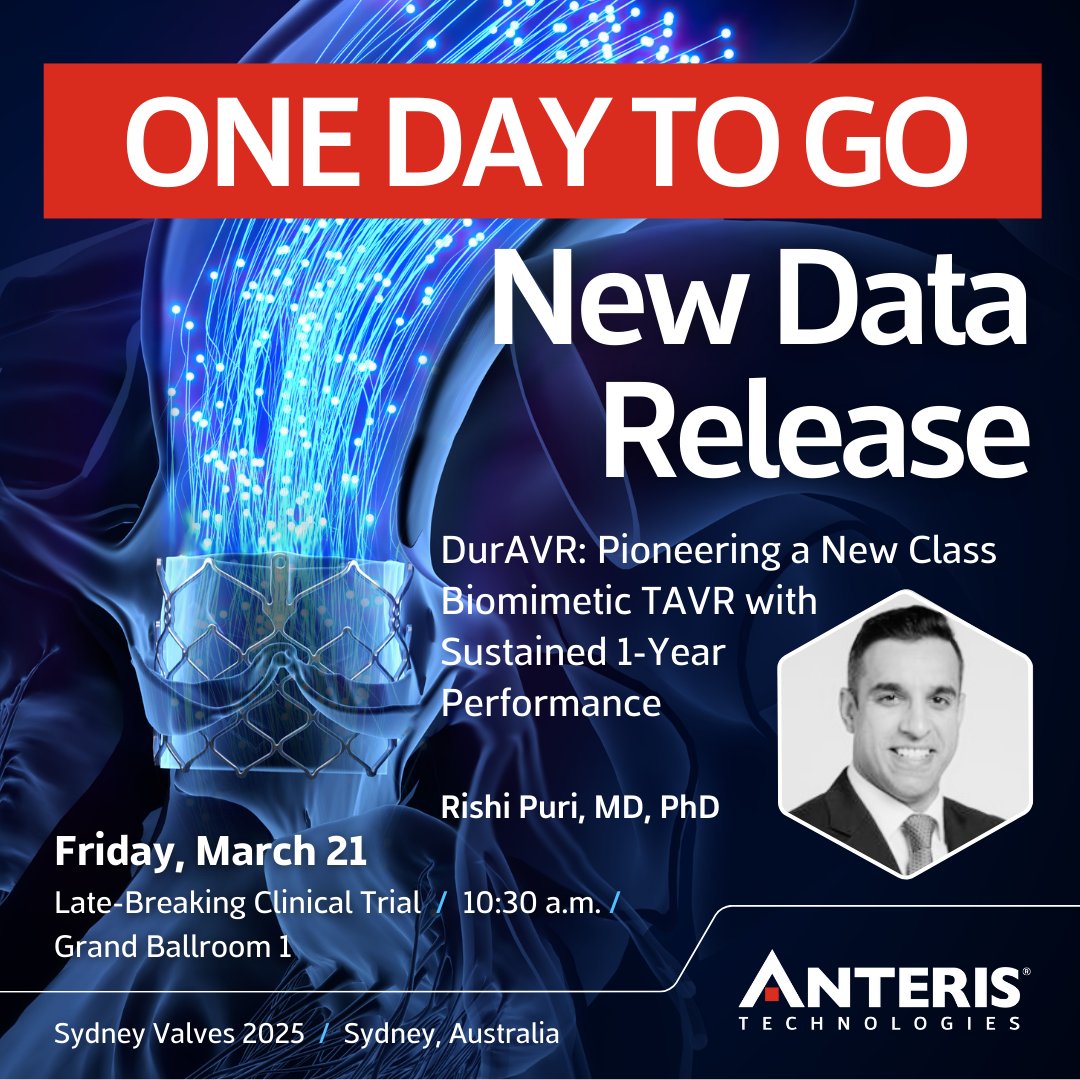 AnterisTech's tweet image. Tomorrow we are presenting new DurAVR® THV clinical data at Sydney Valves! Join Dr. Rishi Puri in Grand Ballroom 1 at 10:30 a.m.
Not attending? Sign up here for clinical data updates: bit.ly/3XUk9LF
#TAVI #TAVR #aorticstenosis #SydneyValves
DurAVR® INVESTIGATIONAL…