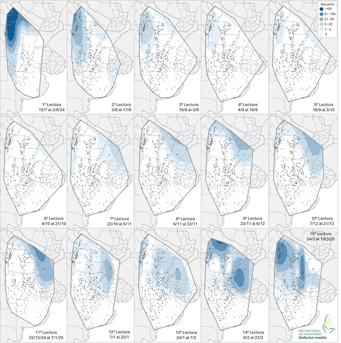 📢 D. maidis: ¡Nuevos resultados de monitoreo!

➡️NOA y NEA: aumento de presencia en maíces con ciclo avanzado. 
➡️Centro- Norte: aumento de adultos en trampas con maíces en estadios reproductivos.
➡️Litoral y Centro-Sur: se mantuvo estable. 

Para comprender mejor la dinámica es