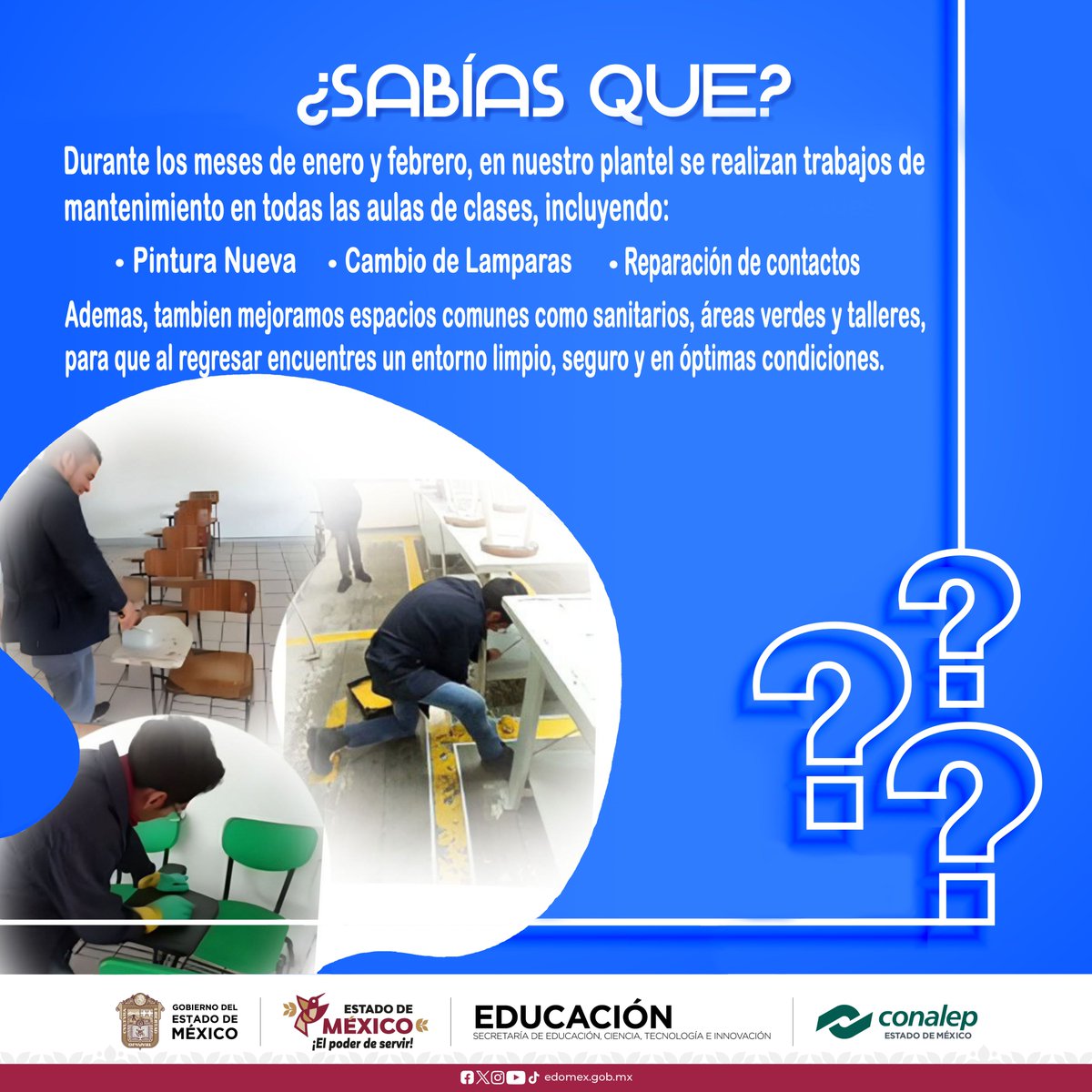 ConalepLRLP's tweet photo. 📢 ¿Sabías que…? 🔧
Durante los meses de enero y febrero, en nuestro plantel se realizan trabajos de mantenimiento en todas las aulas de clases, incluyendo:
🎨 Pintura nueva
💡 Cambio de lámparas
🔌 Reparación de contactos
¡Tu comodidad y seguridad son nuestra prioridad! 💙 https://t.co/iEYhyMjyOY