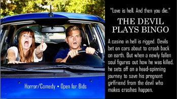 TeaRoseKent's tweet image. THE DEVIL PLAYS BINGO
Logline: A casino in hell is rigged. Devils bet on cars about to crash back on earth. But when a Los Vegas gambler figures out how he was killed, he sets off on a head-spinning journey to find the devil who makes crashes happen. #HoCo #Fea #WrWo #screenpit