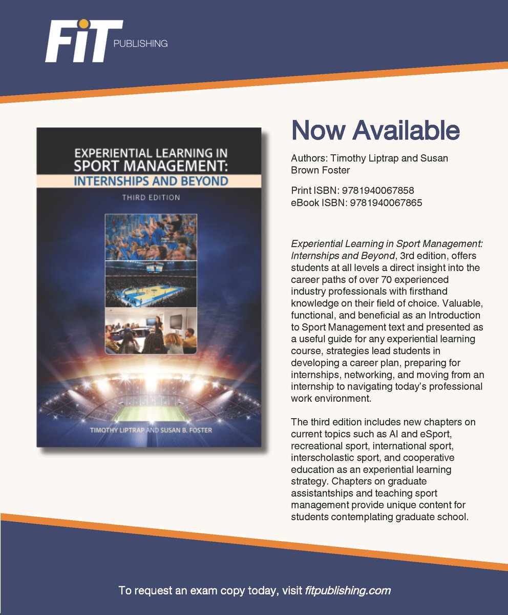 Calling all #SportManagement instructors! Experiential Learning in Sport Management, 3rd ed., equips students with essential soft skills, while exploring contemporary topics such as AI and eSport. Request an exam copy today: fitpublishing.com/textbook-adopt…