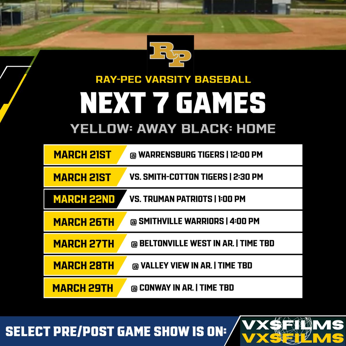 Who's ready for some SPRING BASEBALL? ⚾
The next home game is set against the Truman Patriots at 1 p.m.🏟 with gameday pictures by Evelyn Pictures 📷 and the post-game show on VXSFilms 🎤.