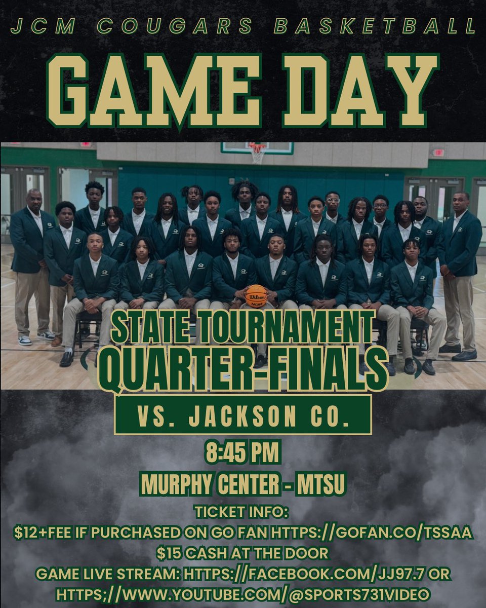 Jackson Central-Merry High School (@jcmcougars) on Twitter photo It’s Game Day!! If you are making the drive, safe travels, and we will see you there! Go Cougars!
Tickets: GoFan.com/tssaa or $15 cash at door
Live stream: Facebook.com/JJ97.7 or youtube.com/@sports731video <a href="/RamonicaD/">Ramonica S. Dorsey</a> <a href="/ap_baker1/">Broderick L. Baker, Ed.S.</a> <a href="/JCM_ECH/">JCMEarlyCollegeHigh</a> <a href="/JCMHSCheer/">JCM High School Cheerleaders</a> <a href="/JmcssA/">JMCSSAthletics</a> <a href="/JMCSchools/">Jackson-Madison County Schools</a> It’s Game Day!! If you are making the drive, safe travels, and we will see you there! Go Cougars!
Tickets: GoFan.com/tssaa or $15 cash at door
Live stream: Facebook.com/JJ97.7 or youtube.com/@sports731video <a href="/RamonicaD/">Ramonica S. Dorsey</a> <a href="/ap_baker1/">Broderick L. Baker, Ed.S.</a> <a href="/JCM_ECH/">JCMEarlyCollegeHigh</a> <a href="/JCMHSCheer/">JCM High School Cheerleaders</a> <a href="/JmcssA/">JMCSSAthletics</a> <a href="/JMCSchools/">Jackson-Madison County Schools</a>