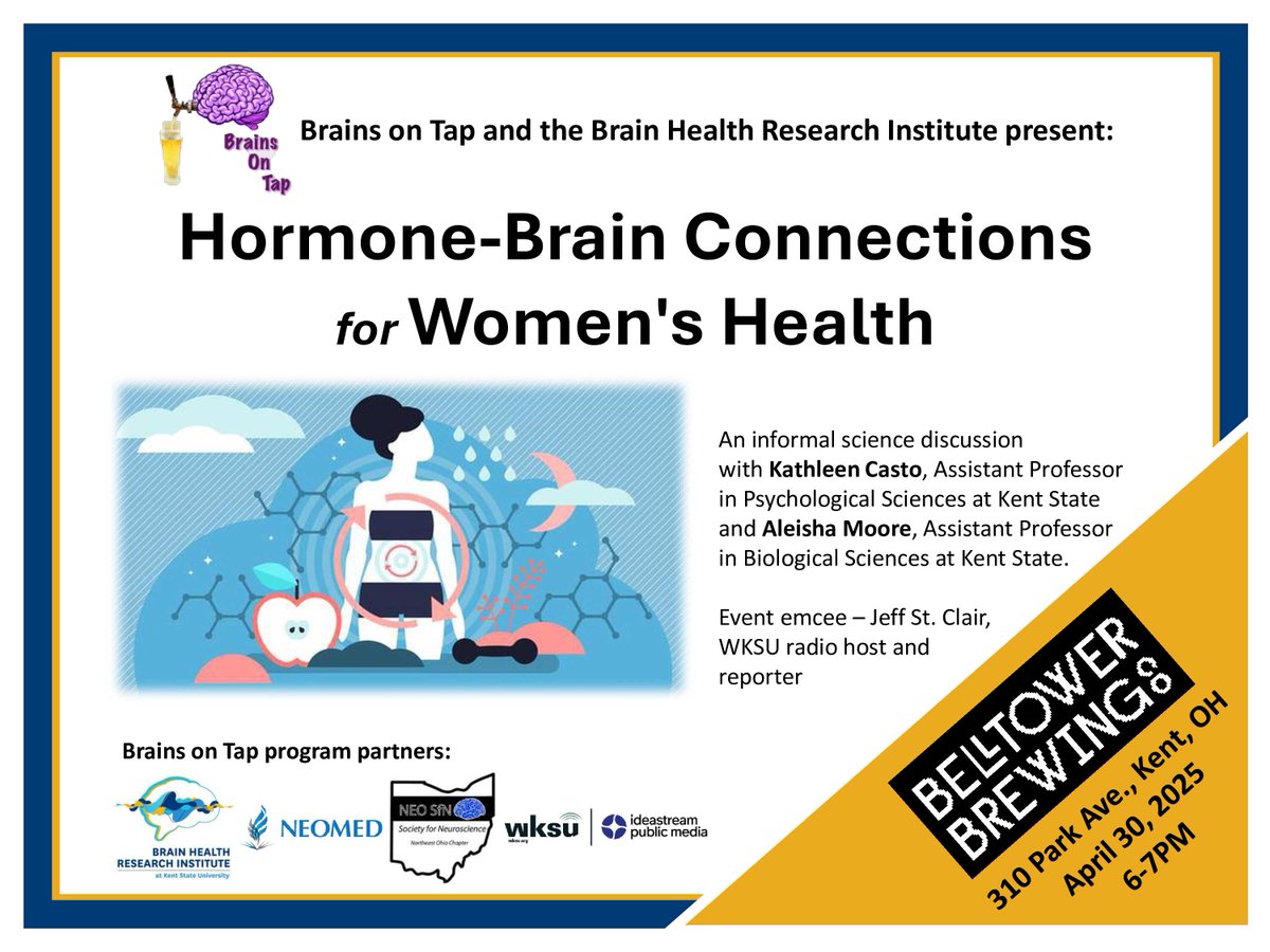 Join us for the next "Brains-on-Tap" event: "Hormone-Brain Connections for Women's Health" on April 30, at 6 PM at Bell Tower Brewing Co. in Kent! The event is free and open to the public. Please share the event flyer with anyone who is interested in attending
#womenshealth #ksu