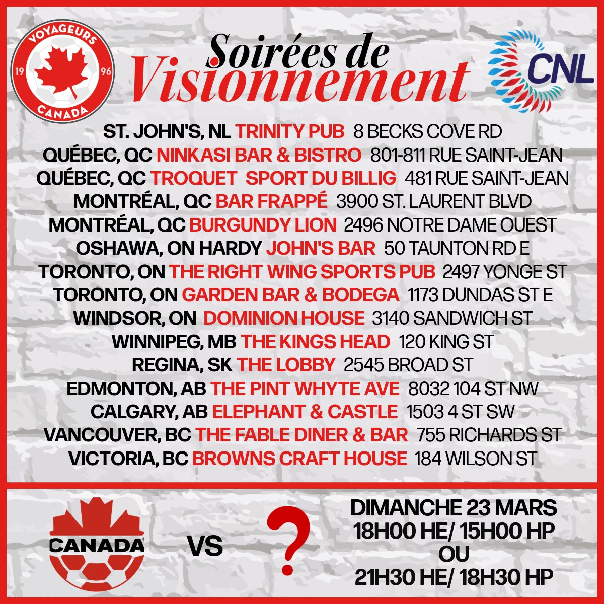 Hello #VoyageursFamily! Here are the updated viewing parties for the #CanMNT matches in #NationsLeague play. ❤️🇨🇦⚽
#AllezLesRouges