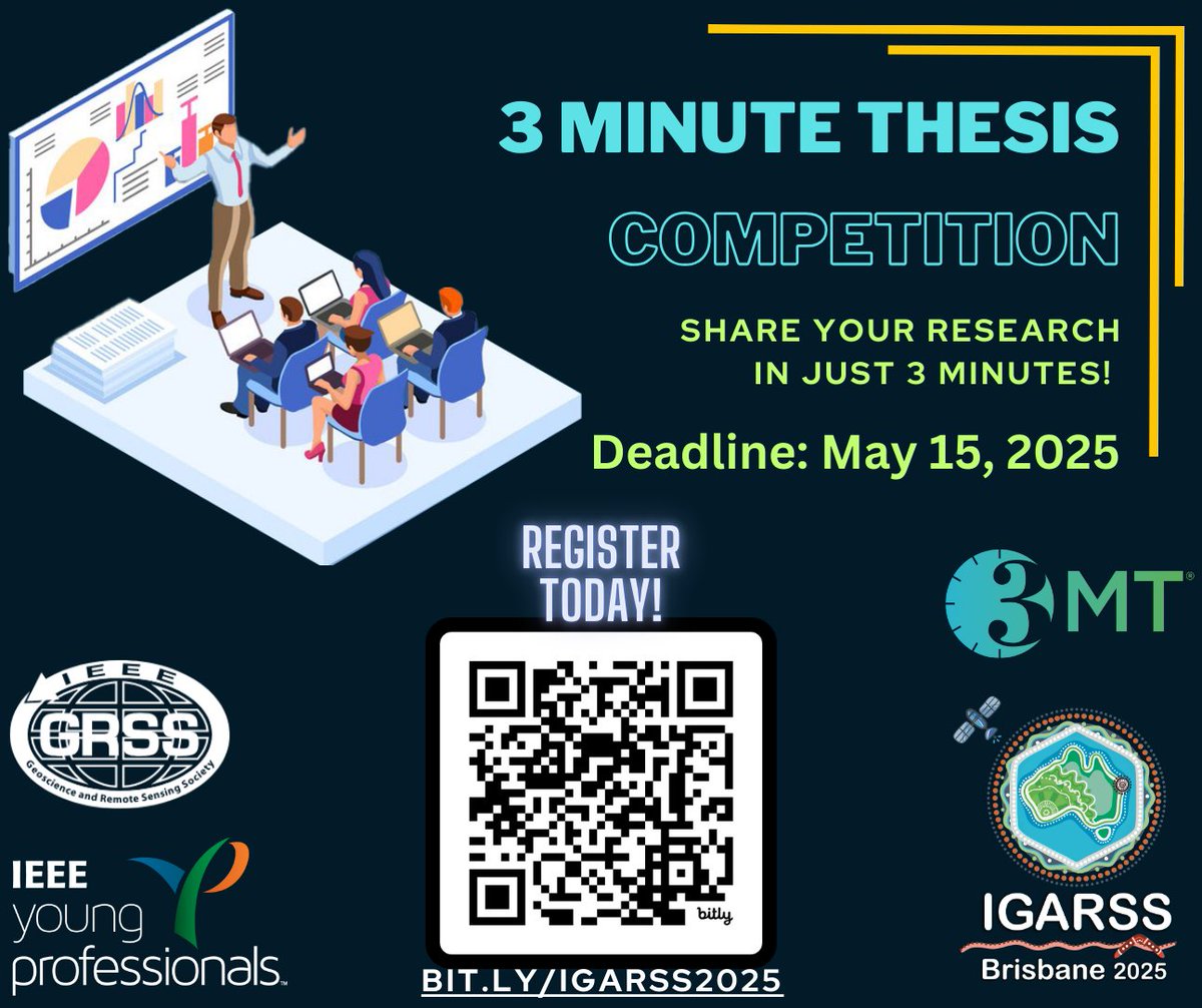 📣 Calling all Master's and Doctoral students attending IGARSS 2025!

GRSS invites you to participate in the Three Minute Thesis (3MT™) Competition at IGARSS 2025! Summarize your thesis in 3 minutes with one slide for a chance to win prizes and the IEEE GRSS Excellence in