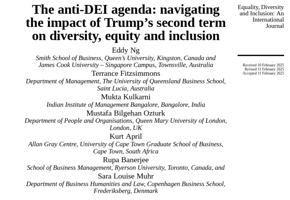 Eddy Ng (@profng) on Twitter photo I'd like to share an article on navigating Trump's #antiDEI agenda in <a href="/EDI_Journal/">EDI Journal</a> written w/<a href="/TerryFitz1815/">Terry Fitzsimmons</a> (<a href="/UQ_Business/">UQ Business School</a>), Mukta Kulkarni, Kurt April (<a href="/UCTGSB/">UCT Graduate School of Business</a>), Mustafa Ozturk (<a href="/sbmqmul/">QMUL School of Business and Management</a>), <a href="/Rupa_Banerje/">Rupa Banerjee</a> (<a href="/trsmtorontomet/">Ted Rogers School of Management</a>), <a href="/saramuhr/">Sara Louise Muhr</a> (<a href="/CBScph/">Copenhagen Business School</a>). Read here: emerald.com/insight/conten… I'd like to share an article on navigating Trump's #antiDEI agenda in <a href="/EDI_Journal/">EDI Journal</a> written w/<a href="/TerryFitz1815/">Terry Fitzsimmons</a> (<a href="/UQ_Business/">UQ Business School</a>), Mukta Kulkarni, Kurt April (<a href="/UCTGSB/">UCT Graduate School of Business</a>), Mustafa Ozturk (<a href="/sbmqmul/">QMUL School of Business and Management</a>), <a href="/Rupa_Banerje/">Rupa Banerjee</a> (<a href="/trsmtorontomet/">Ted Rogers School of Management</a>), <a href="/saramuhr/">Sara Louise Muhr</a> (<a href="/CBScph/">Copenhagen Business School</a>). Read here: emerald.com/insight/conten…