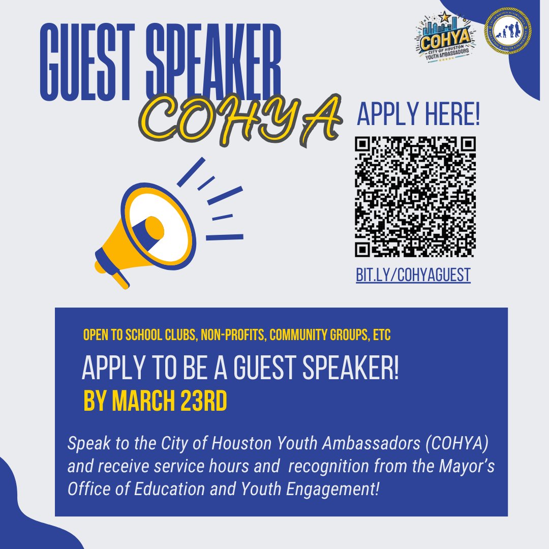 Apply to be a guest speaker for the City of Houston Youth Ambassador virtual meetings! Meetings are via Zoom on Wednesdays at 6pm. Ee look forward to highlighting your organization or project!