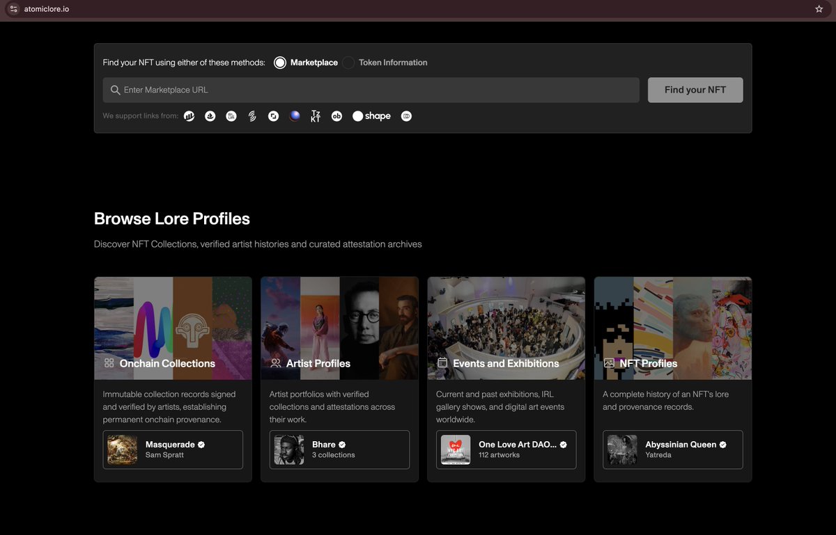 Jeni_Pepen's tweet image. Logged into my @atomiclore @atomicform account to do some archiving and realized @oneloveartdao is on the homepage in Events and Exhibitions. 

Peep the company to the right and left of us 

Let's Go One Love &amp;lt;3