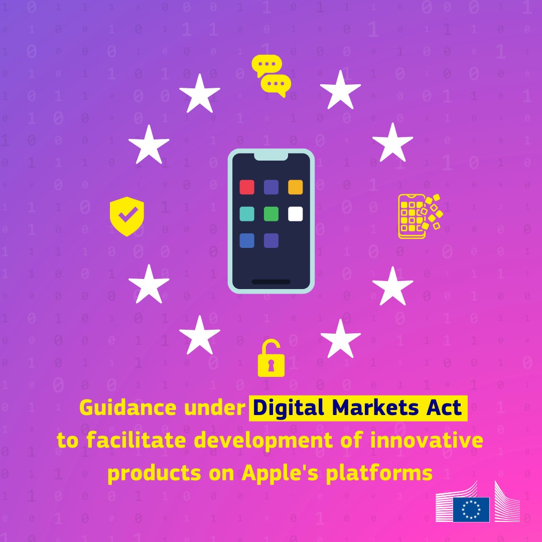 EU_Commission's tweet photo. The EU’s digital policies are about innovation and consumer choice.

Today, we’re taking action to ensure that Apple facilitates the development of innovative products on its platforms.

Our two decisions under the Digital Markets Act concern ↓ https://t.co/at7uD6XtZm