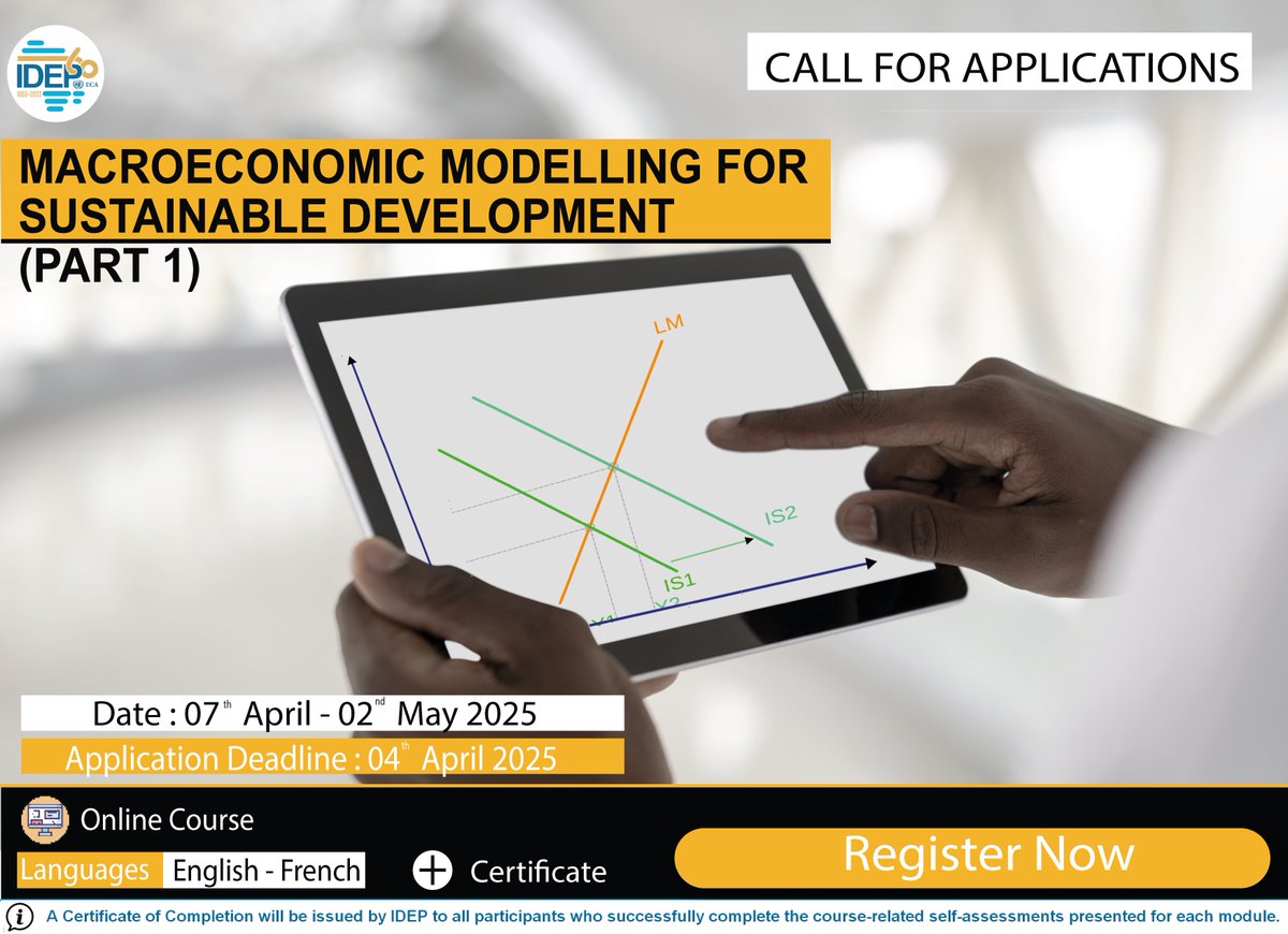 IDEP Africa (@idepofficial) on Twitter photo Online Course
MACROECONOMIC MODELLING FOR SUSTAINABLE DEVELOPMENT (Part 1)
Duration: 4weeks
Beginning of the course: 7th April 2025
Language: French & English
Cost : Free
Registration: forms.gle/AM9EEyBQHw7rog…
Application Deadline: 4th April 2025
 bit.ly/4hLMQBw Online Course
MACROECONOMIC MODELLING FOR SUSTAINABLE DEVELOPMENT (Part 1)
Duration: 4weeks
Beginning of the course: 7th April 2025
Language: French & English
Cost : Free
Registration: forms.gle/AM9EEyBQHw7rog…
Application Deadline: 4th April 2025
 bit.ly/4hLMQBw