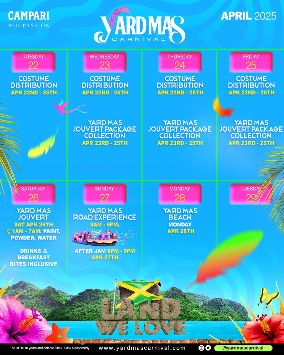Carnival in Jamaica is officially HERE! 🇯🇲🔥

From costume distribution to the ultimate Road Experience, J’ouvert madness, and a beach day to unwind—April is bringing nothing but non-stop vibes! 🎉🔥

Lock in your schedule, tag your crew, and let’s get READY for the ROAD! 🥳💃🏽