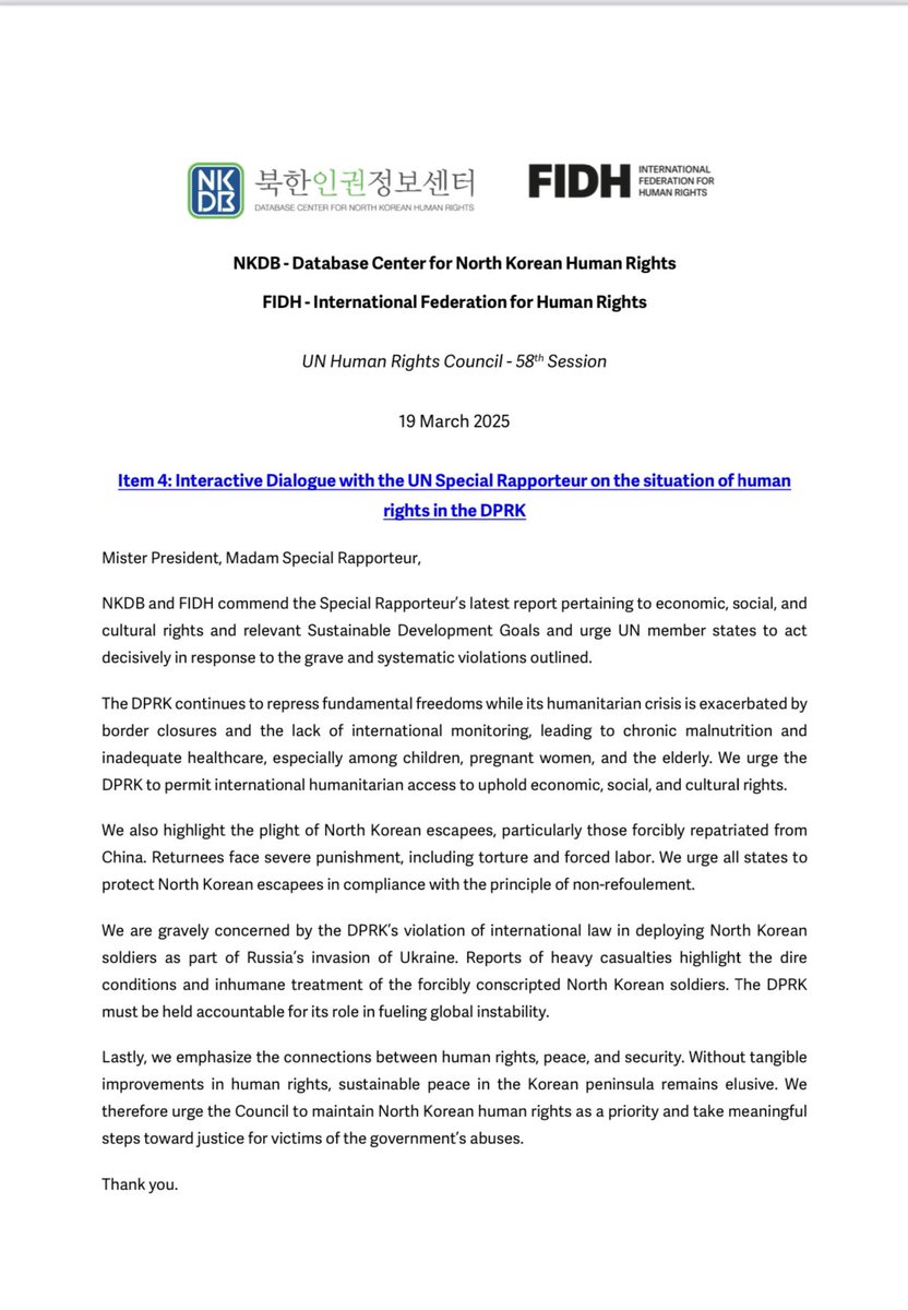 #NorthKorea: “We urge the #DPRK to permit international humanitarian access to uphold economic, social, and cultural rights.” - Full text of <a href="/twtNKDB/">Database Center for North Korean Human Rights</a> &amp; <a href="/fidh_en/">FIDH</a> oral statement at <a href="/UN_HRC/">UN Human Rights Council</a> fidh.org/en/region/asia… #HRC58