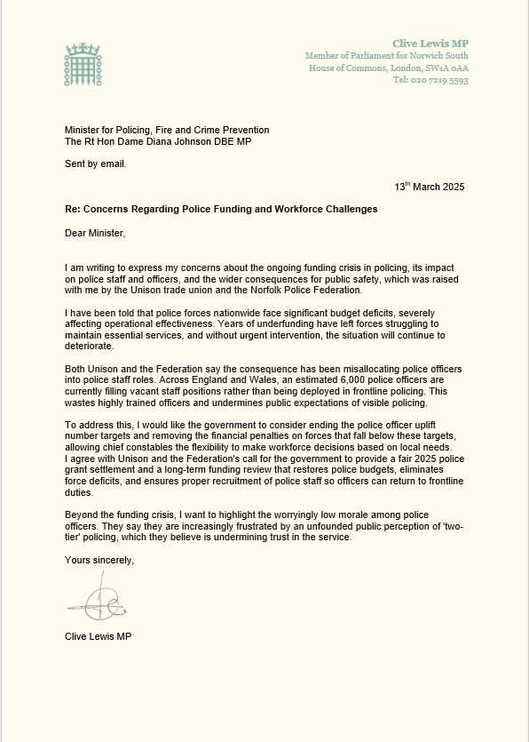 labourlewis's tweet photo. I had a sobering meeting with the Norfolk Police Federation, and what they had to say was deeply concerning.

 • They're frustrated by how the police are portrayed in the media and the wider public's perception of them.
 •    They feel 'policing by consent' is at real risk, partly because of the politicisation of policing—accusations of 'two-tier' policing, for example.
 •    Officer morale is low, with workloads becoming unmanageable.
 •    Like many frontline public sector workers, they see first-hand the impact of over a decade of austerity. Social infrastructure collapse—or near collapse—means the police and NHS are increasingly left to deal with crises they were never meant to handle.
 •    Recruitment is a struggle, and pay is a big part of the problem. Shockingly, around 10% of officers nationwide can't even afford to pay into their pensions.
 
This isn't just a policing issue—it's a pattern across the public sector. Prison and probation officers, police, and FE teachers—are all dealing with rising workloads, stagnant wages, and declining resources. The idea that public sector workers got a significant pay rise last year is a myth. Even those who did are still nowhere near making up for 15 years of real-terms pay cuts.
 
Attached is a letter I've written to the Home Secretary, alongside the Norfolk Police Federation and unions representing non-frontline staff, to push for action on pay, funding, and morale. This crisis isn't going away—it's deepening.
 
In the meantime, I want to thank all those working in policing and our public services. Your work—often in challenging circumstances—keeps our communities running. After 15 years of cuts, you all deserve the support and investment the public rightly wants to see you receive." Those who did are still nowhere near making up for 15 years of real-terms pay cuts.