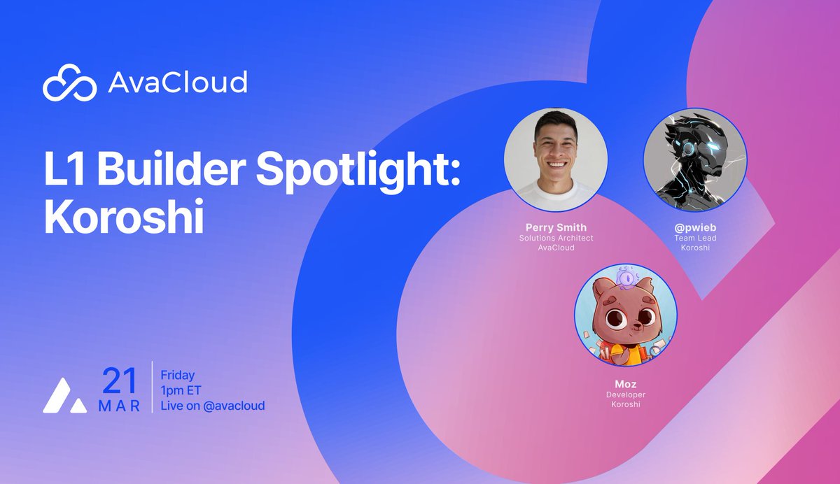 On Friday, we have another exciting live stream - <a href="/TheKoroshi/">KOROSHI 👺</a> and <a href="/0xWichita/">0xWichita (Rejectfi arc)</a> joins <a href="/AvaCloud/">AvaCloud</a> for a builder spotlight!

We'll discuss how <a href="/TheKoroshi/">KOROSHI 👺</a> offers a unique adventure to its users by blending art, blockchain, gamified mechanics and RWAs.

Koroshi built it's own <a href="/avax/">Avalanche🔺</a> L1