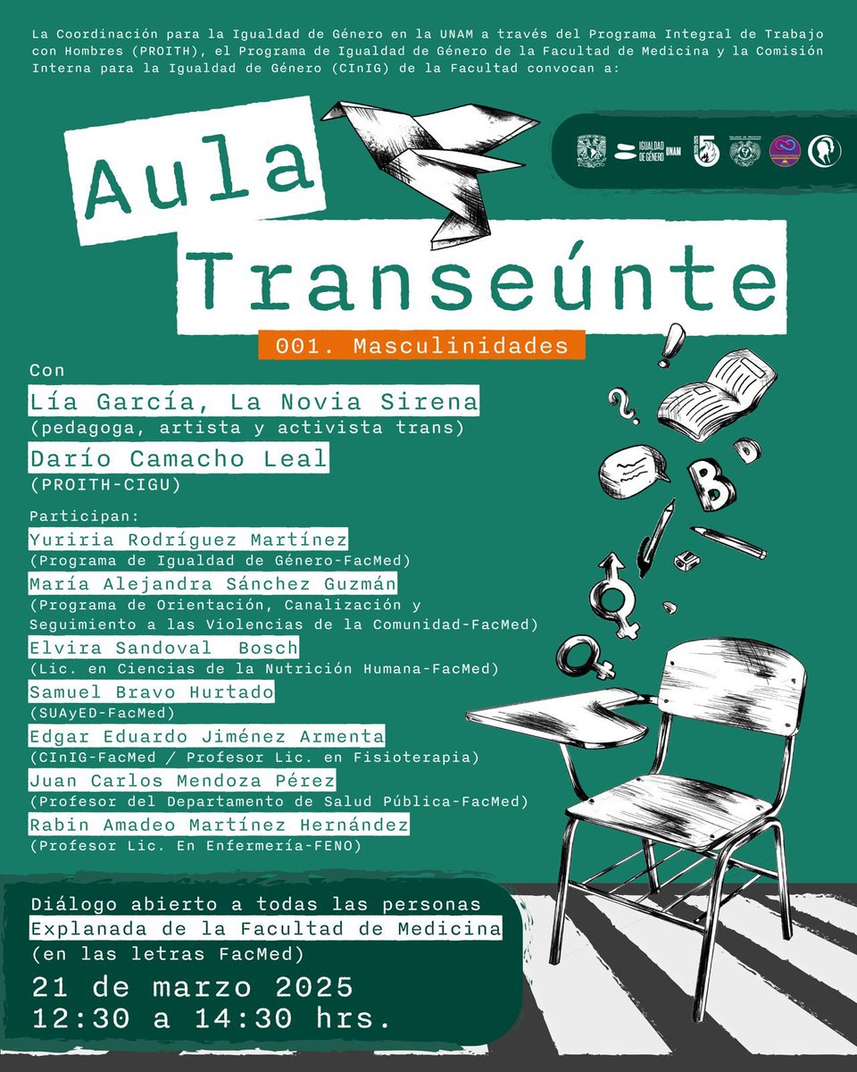 Les invitamos a que nos acompañen el próximo viernes 21 de marzo a las 12:30 pm al Aula Transeúnte, hablemos sobre masculinidades.
Nos vemos en las letras FACMED. Les esperamos 👇🏼