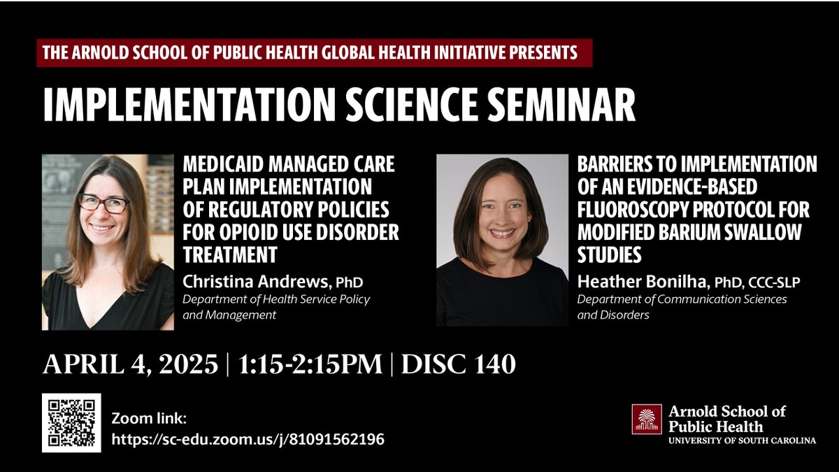 The Arnold School of Public Health Initiative will host an implementation science seminar on April 4 when HSPM's Christina Andrews and COMD's Heather Bonilha will present at 1:15pm. Meet us online or in person (Discovery 140). ow.ly/qJBt50Vc1Gz