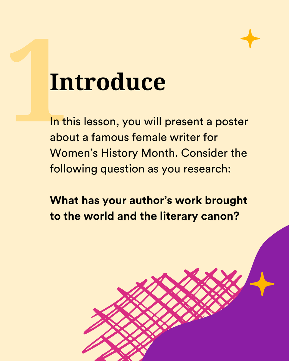 Newsela's tweet photo. Honor #WomensHistoryMonth with an engaging ELA lesson! 🎉 Students will research a renowned female writer and showcase her legacy through a creative poster using our author profiles. Get started here ➡️ https://t.co/Ihg8CuuQpM https://t.co/GZql8fFbPE