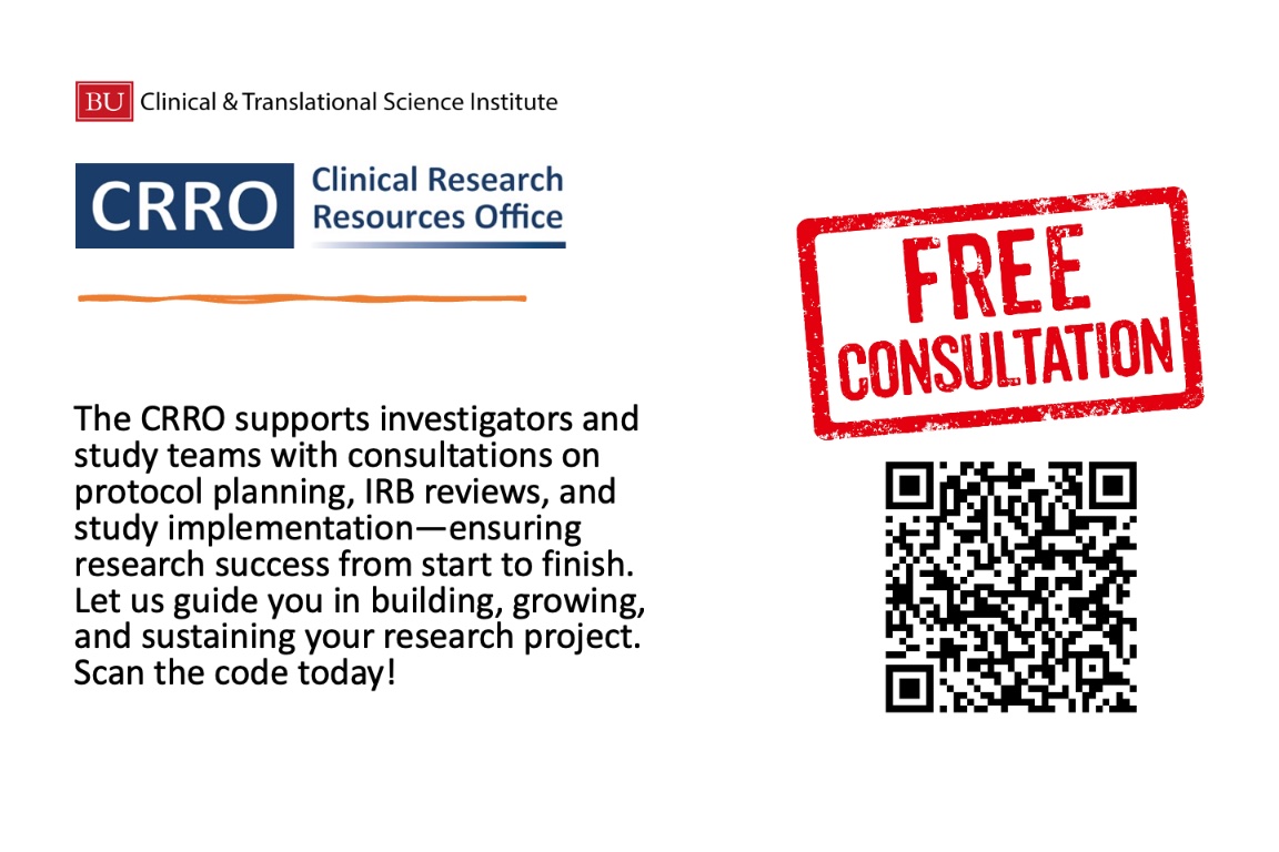 #Symposium_Ad| Free Research Consultations! The CRRO supports investigators with protocol planning, IRB reviews, &amp; study implementation—ensuring research success from start to finish.
Scan the QR code &amp; get expert guidance today! #ClinicalResearch #BUCTSI #ResearchSupport