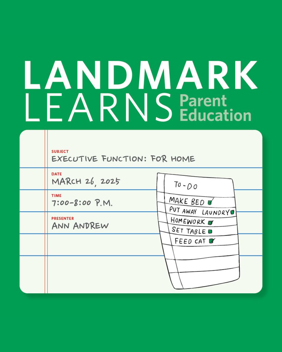 Learn how to support your child’s EF skills at home to help them feel more efficient, empowered, and confident. Register for our next Landmark Learns educational webinar. 

landmarkschool.org/our-school/lan… #LandmarkSchool #ExecutiveFunction #EF #Organization