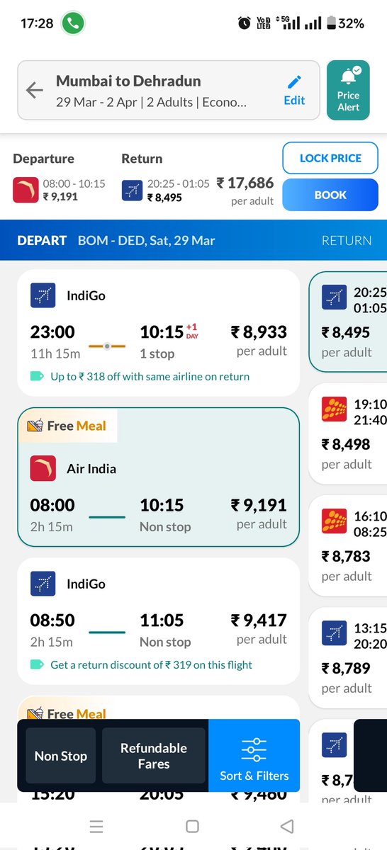 malays05's tweet photo. @DGCAIndia this is what @makemytrip show and now I have a return ticket from DED-BOM booked on 2nd April. This is duping the customers https://t.co/jRCUSZC9bw