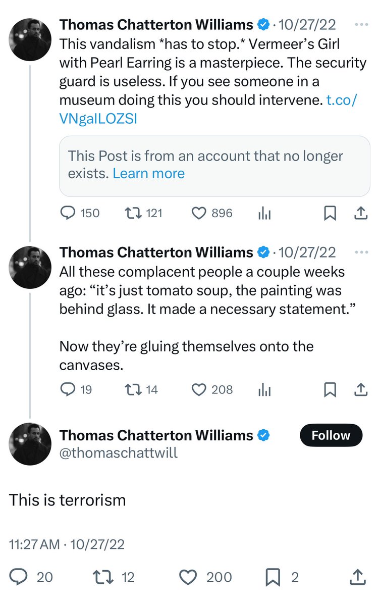 micsolana's tweet photo. firebombing teslas while a map of hacked owner addresses is going viral: not terrorism

destroying a painting: terrorism https://t.co/9XumqQsxKk