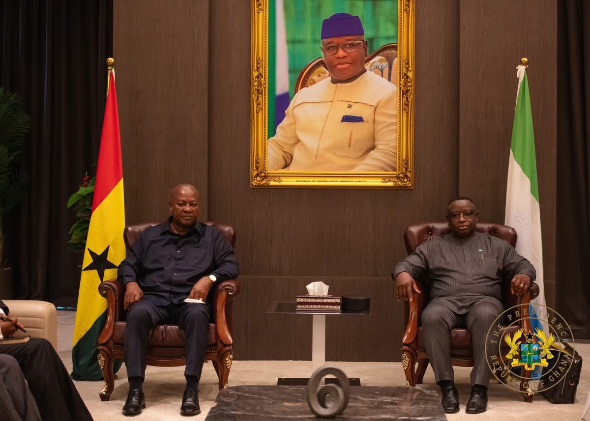 JDMahama's tweet photo. During my one-day working visit to Freetown on Tuesday, I held a productive meeting with my brother, President Dr. Julius Maada Bio of Sierra Leone. 

Our discussions centred on strengthening the bonds between Ghana and Sierra Leone through enhanced bilateral cooperation in trade, education, investment, and institutional support. We agreed to revitalise the joint cooperation agreement initially signed in 2018, with a proposal to hold the inaugural meeting here in Ghana soon!

We shared our commitment to meeting the aspirations of our citizens and ensuring progress in key sectors. We also addressed pressing regional challenges, including terrorism, conflict, and drug trafficking, reaffirming our dedication to finding solutions and mitigating their impact.

We discussed the importance of enhancing the West African Power Pool to boost regional power generation and distribution.

I also interacted with the Ghanaian community and assured them we would address their permits and tax concerns.

#MahamaThePresident