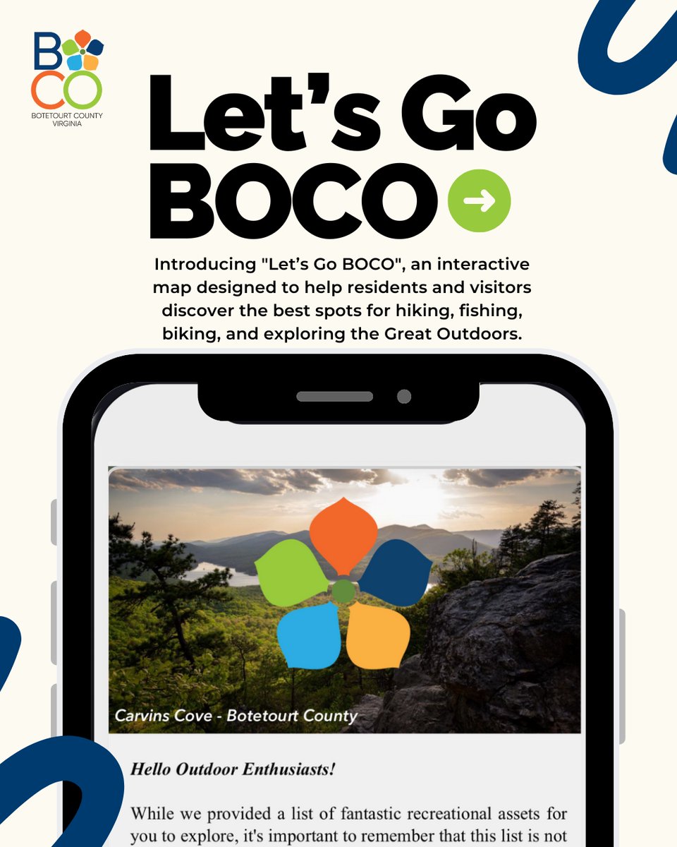 Adventure awaits in BOCO! Introducing "Let’s Go BOCO", an interactive map designed to help residents and visitors discover the best spots for hiking, fishing, biking, and exploring the Great Outdoors. 🥾🎣🛶🛝
Ready to explore?  botetourtva.gov/letsgoboco