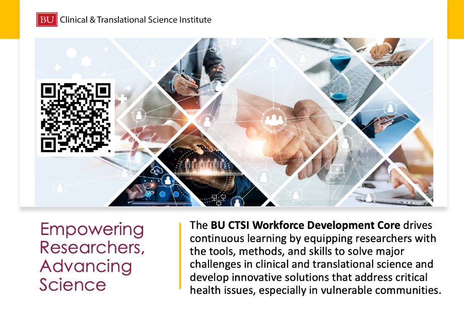 #Symposium_Ad| Empowering Researchers, Advancing Science! <a href="/BU_CTSI/">BU Clinical and Translational Science Institute</a> Workforce Development Core equips researchers with tools, methods, and skills to tackle major challenges in clinical &amp; translational science. Scan the QR code below.
#ResearchInnovation #WorkforceDevelopment