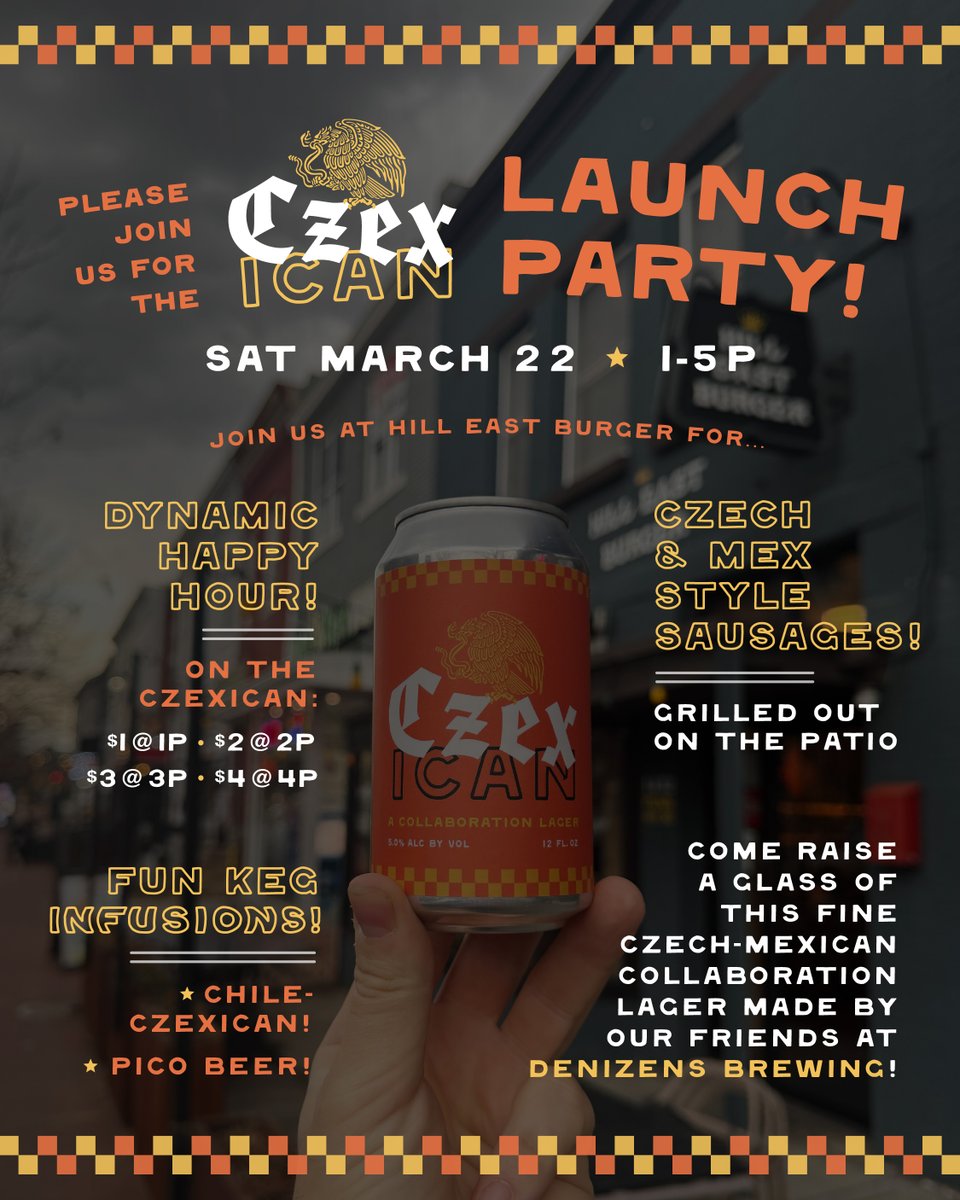 <a href="/DenizensBrewing/">Denizens Brewing Co.</a> <a href="/RepublicCantina/">Republic Cantina</a> Our CZEXICAN kickoff party this Sat from 1-5p, featuring…

🌭 Czech- and Mex- SAUSAGE PARTY / grillout on the patio

🤑 DYNAMIC HAPPY HOUR: $1 @ 1p, $2 @ 2p, etc

🧑‍🔬 some FUN KEG INFUSIONS: chile Czexican! pico beer!

See y'all Sat!

[ctd..]