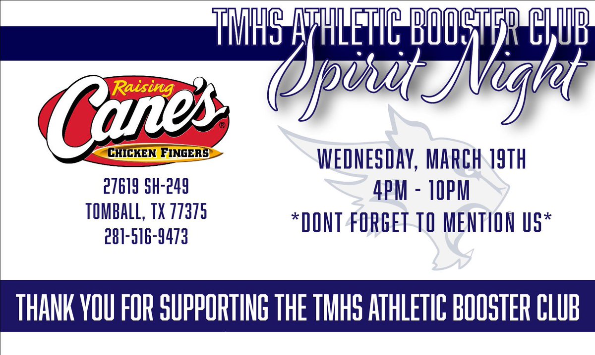 TMHS AthleticBooster (@tmhsathbooster) on Twitter photo Nobody wants to cook on a Wednesday! Head to Raising Canes in Tomball for TMABC Spirit Night instead!
<a href="/TISDTMHS/">Tomball Memorial High School</a> <a href="/TMHSGBB/">Tomball Memorial High School Lady Wildcats 🏀</a> <a href="/TMHSBaseball/">TMHS Baseball</a> <a href="/TMHS_MensSoccer/">TMHS MEN’S SOCCER</a> <a href="/TMHSPTO/">Tomball Memorial PTO</a> <a href="/TMHS__athletics/">Tomball Memorial Athletics</a> Nobody wants to cook on a Wednesday! Head to Raising Canes in Tomball for TMABC Spirit Night instead!
<a href="/TISDTMHS/">Tomball Memorial High School</a> <a href="/TMHSGBB/">Tomball Memorial High School Lady Wildcats 🏀</a> <a href="/TMHSBaseball/">TMHS Baseball</a> <a href="/TMHS_MensSoccer/">TMHS MEN’S SOCCER</a> <a href="/TMHSPTO/">Tomball Memorial PTO</a> <a href="/TMHS__athletics/">Tomball Memorial Athletics</a>