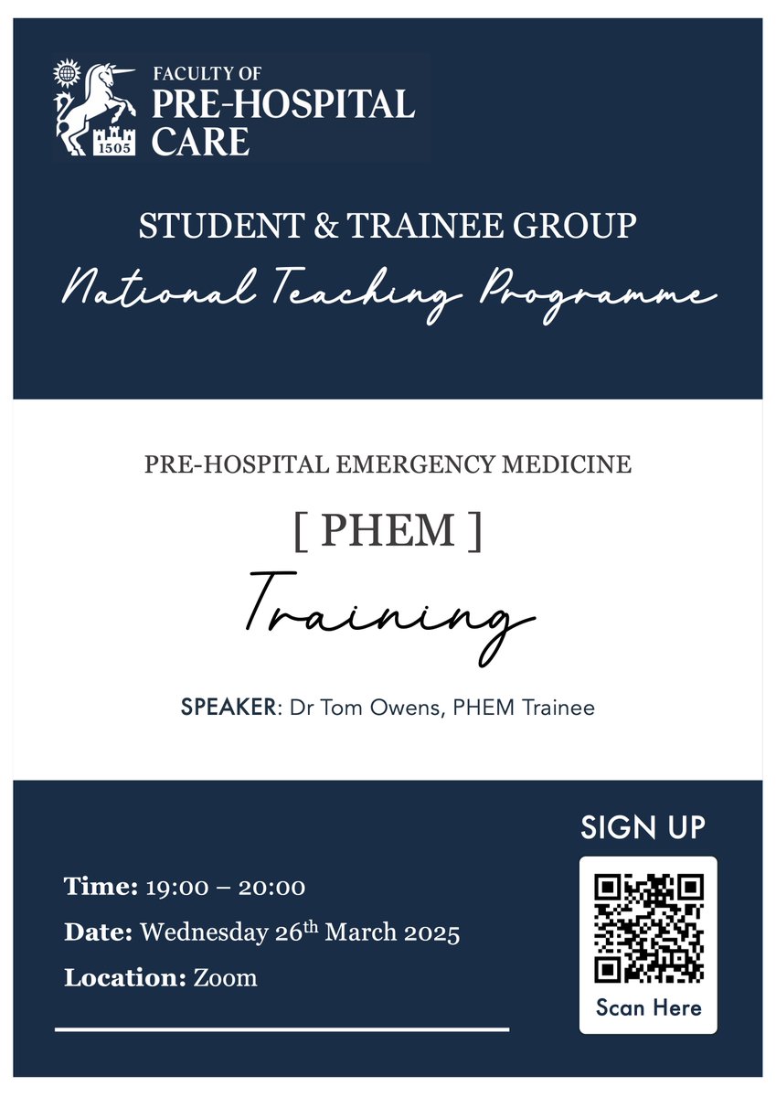 ✨We are excited to announce the launch of our National Teaching Programme!✨

🌟The first session will be on PHEM Training🌟

📣 Speaker: Dr Tom Owens, PHEM Trainee
🗓️ Wednesday 26th March 
⏰ 19:00 - 20:00 
📍Zoom 

See link for sign-up details:
🔗forms.gle/Yix6GzSnjBsdxT…