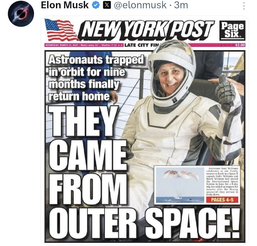 NewspostTv's tweet photo. Tech& Science: The Astronauts trapped finally returned. #AstronautsReturn #RiversStateofEmergency #PatUtomi #ShehuSani #NNPC #portharcourt #Putin #dolar #OHAL #englot #BankyW #Tompolo #TREASURE #JFKFilesRelease #WilliamEst #마크랑_해찬이랑_82pressin https://t.co/HkzVPBYgDV