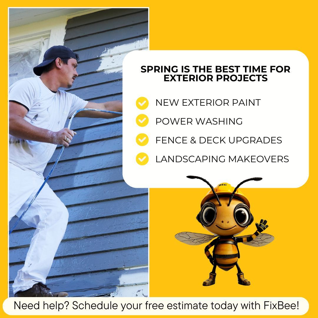FixBeePro's tweet image. *"Spring is here! 🌸☀️ Time to refresh your home with:
✅ New exterior paint 🎨
✅ Power washing to remove winter grime
✅ Fence &amp;amp; deck upgrades for summer
✅ Landscaping makeovers 🌿

Need a pro? Find a trusted contractor with FixBee today!"*
 "Book your free estimate at…