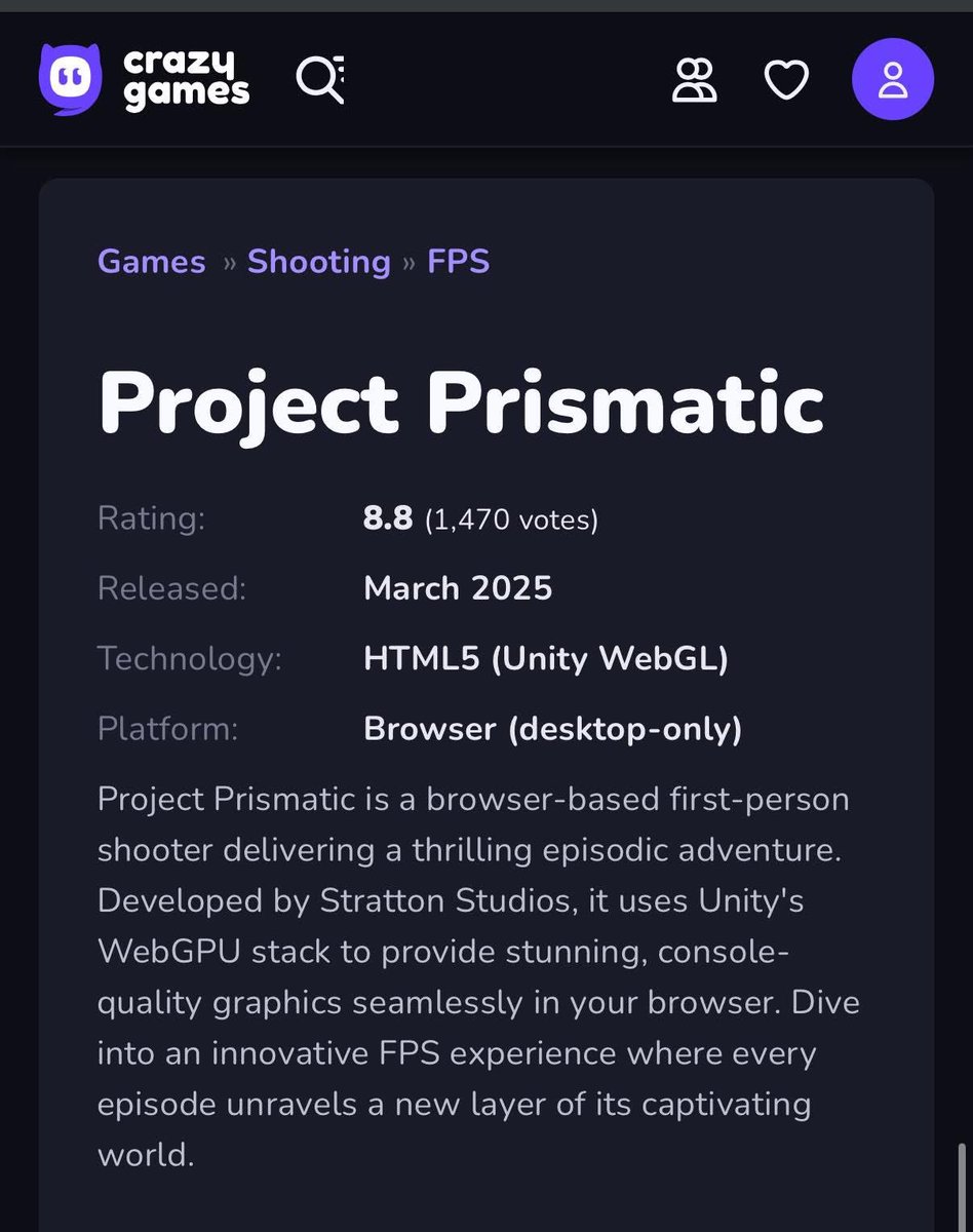 Project Prismatic <a href="/prismaticfps/">Project Prismatic</a> is making waves! 🌊 

Rated 8.8/10 on Crazy Games with nearly 1,500 reviews! 🎯🔥

Console-quality graphics. Instant action. All in your web browser.

💻 Play now: play.projectprismatic.com

Have you tried it yet?